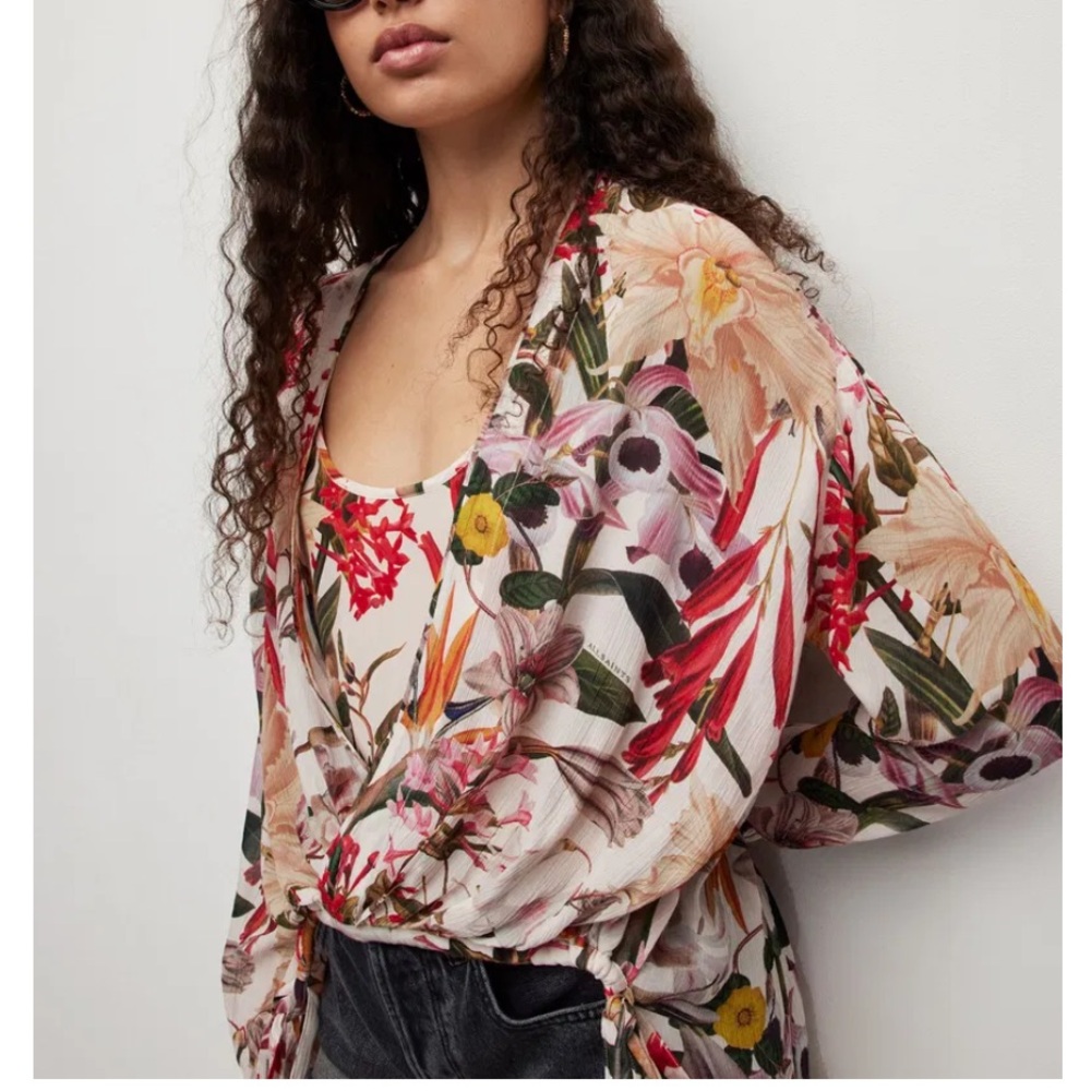 AllSaints Floral Tie-Front Blouse in Multi-Color